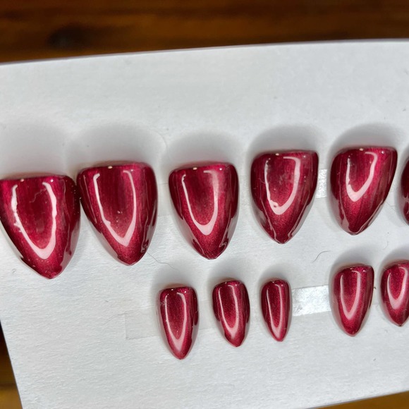 Red Shimmer Polished & Glazed Nails | Short Almond Press On Nails | Winter Mani - Picture 4 of 11